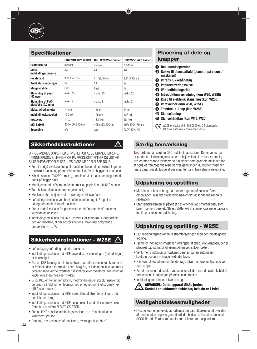 GBC W18 instruction manual Sikkerhedsinstruktioner m, Sikkerhedsinstruktioner W25E m 