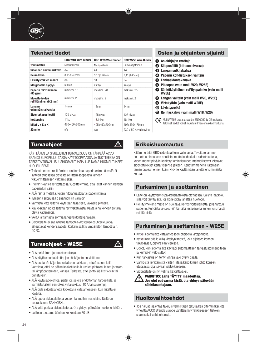 GBC W18 instruction manual Turvaohjeetm, Turvaohjeet W25E m 