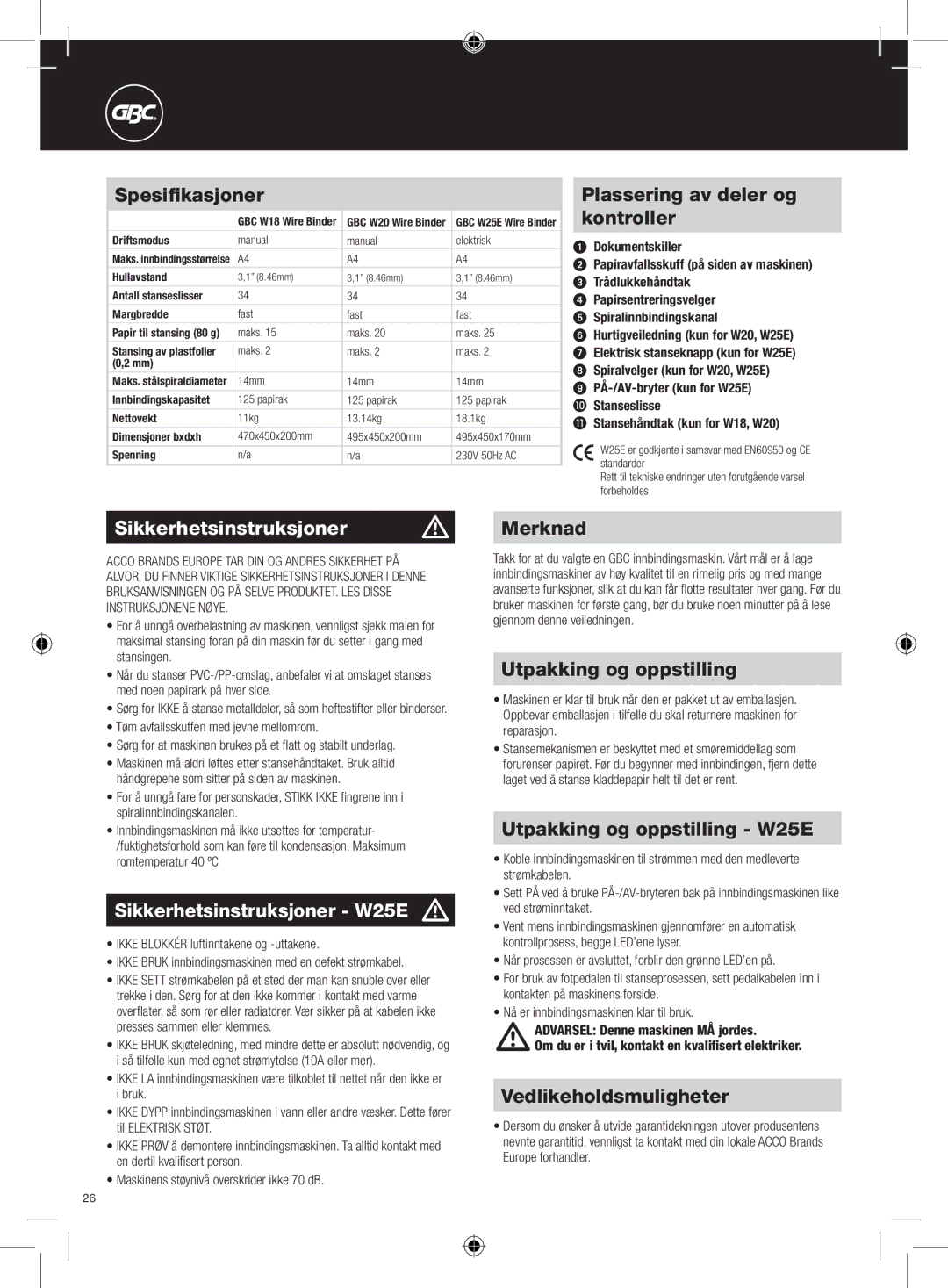 GBC W18 instruction manual Sikkerhetsinstruksjoner m, Sikkerhetsinstruksjoner W25E m 