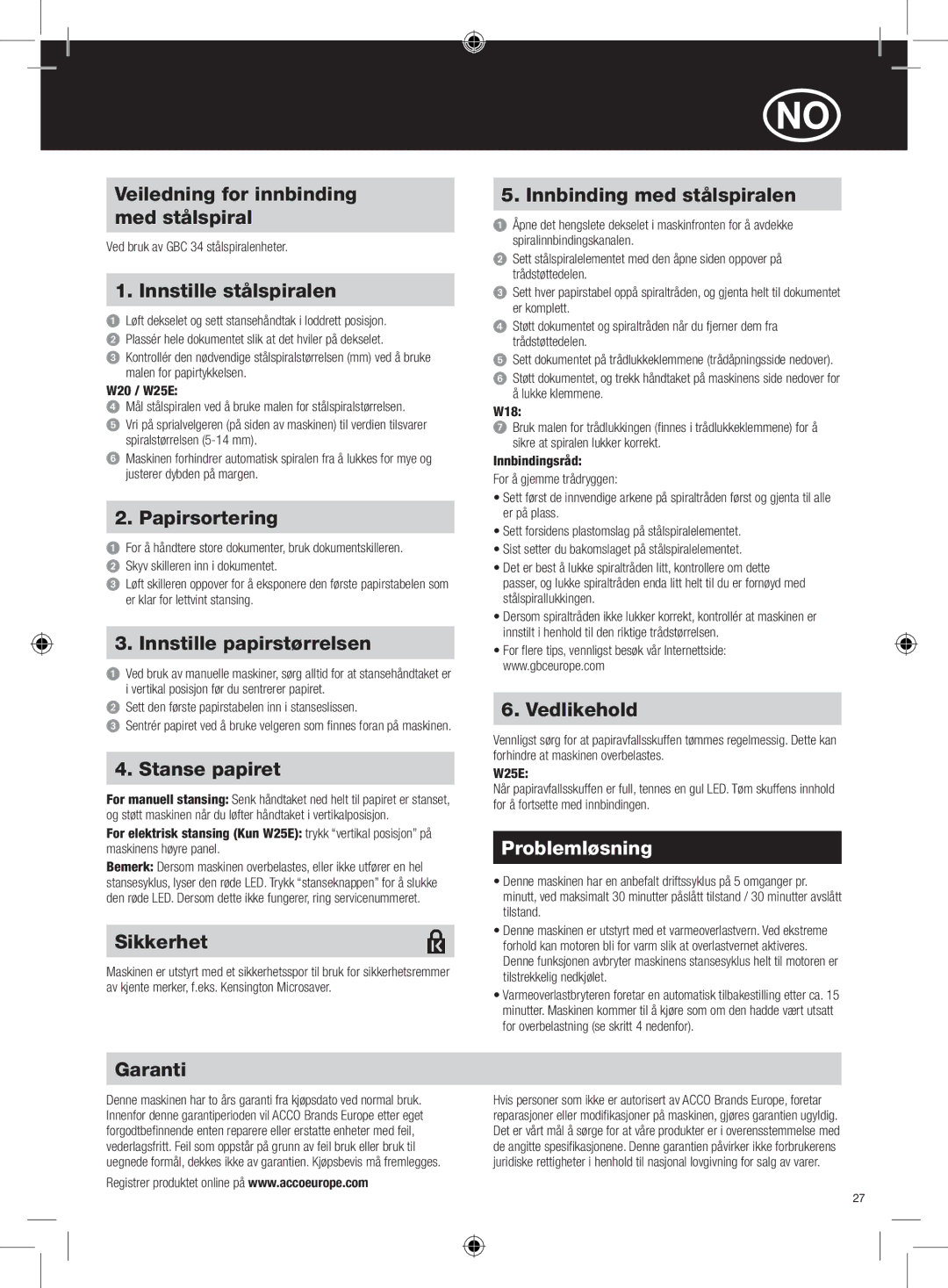 GBC W18 instruction manual Problemløsning 