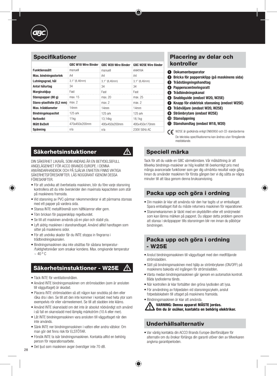 GBC W18 instruction manual Säkerhetsinstuktioner m, Säkerhetsinstuktioner W25E m 