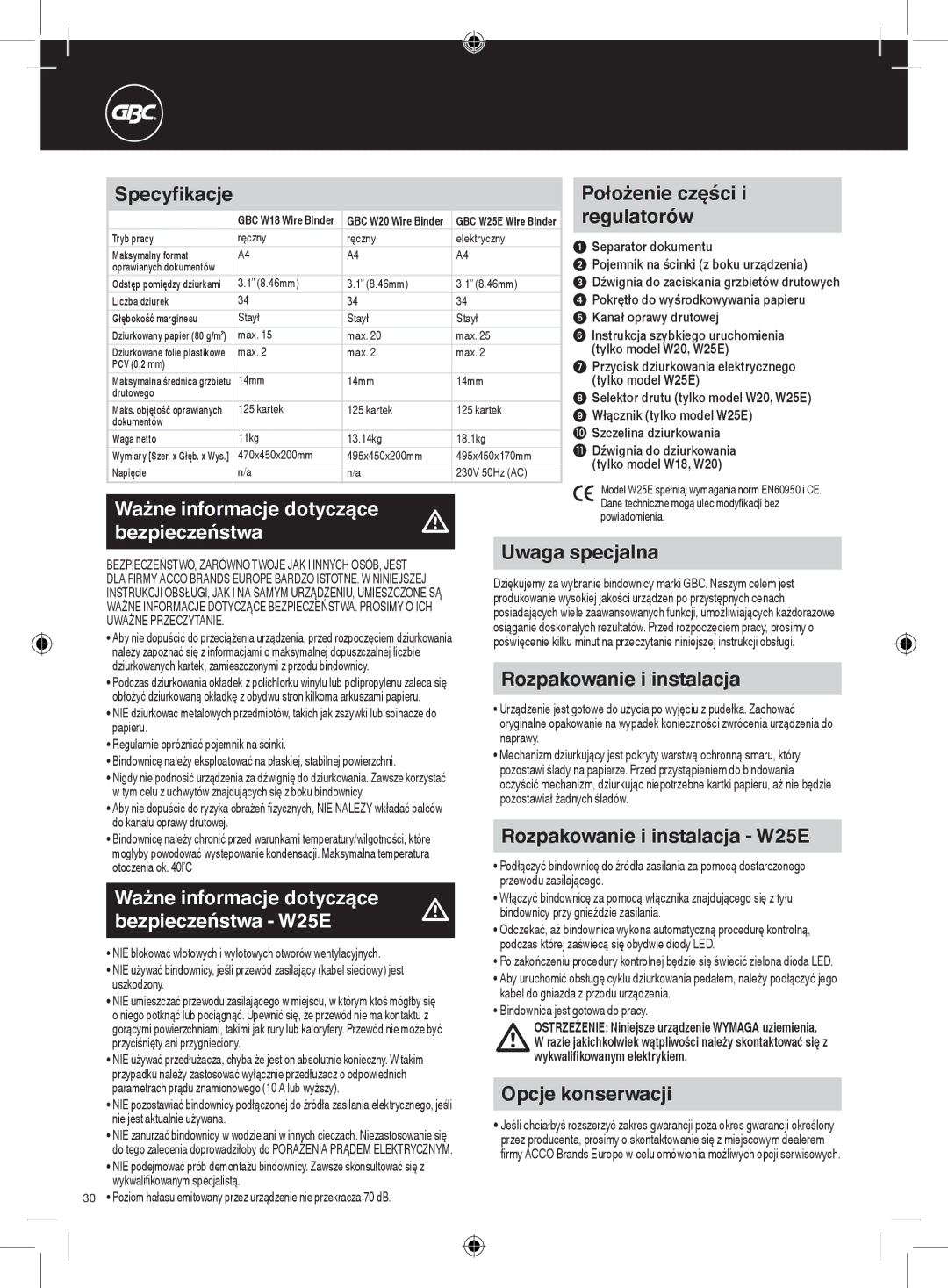 GBC W18 instruction manual Ważne informacje dotyczące, Bezpieczeństwa W25E 