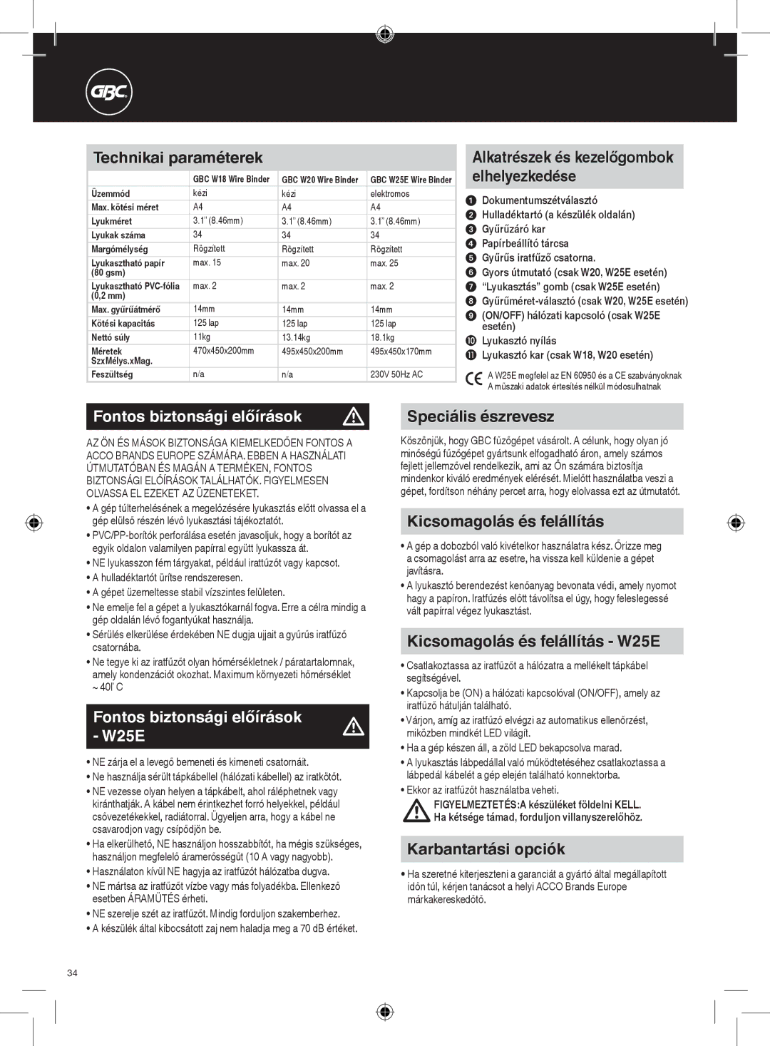 GBC W18 instruction manual Fontos biztonsági előírások W25E 