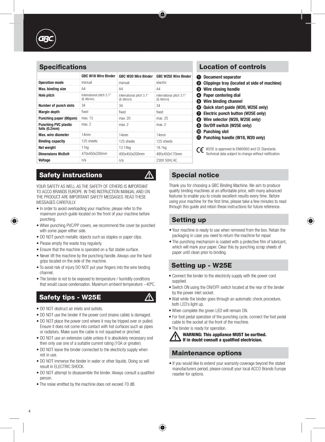 GBC W18 instruction manual Safety instructions, Safety tips W25E 