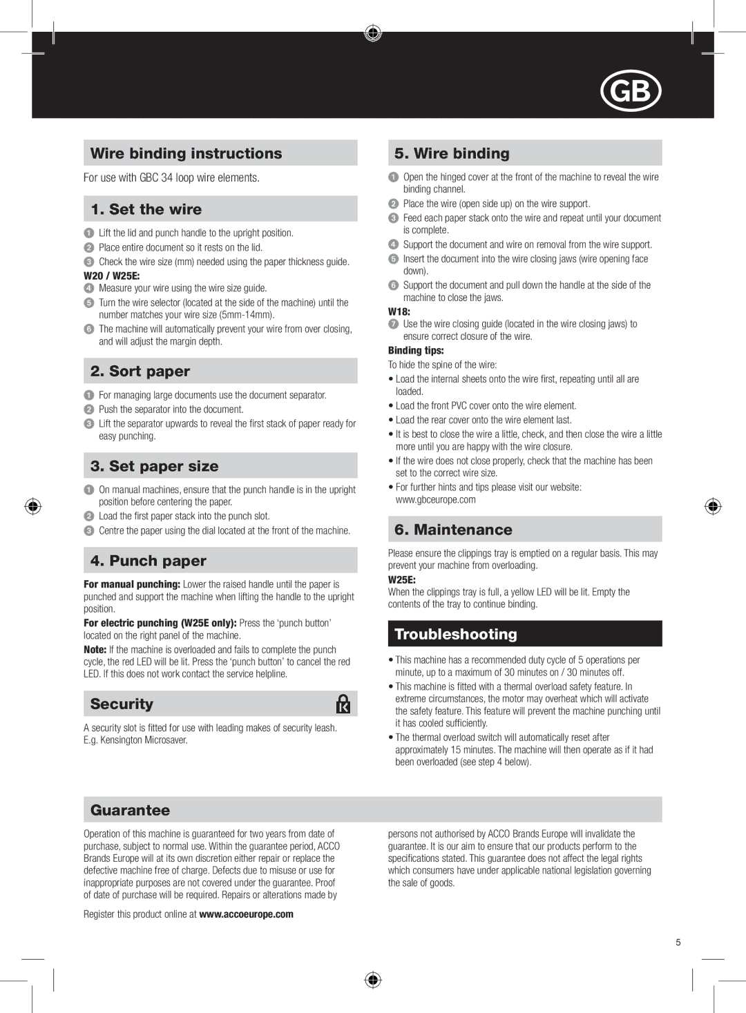 GBC W18 instruction manual Troubleshooting 