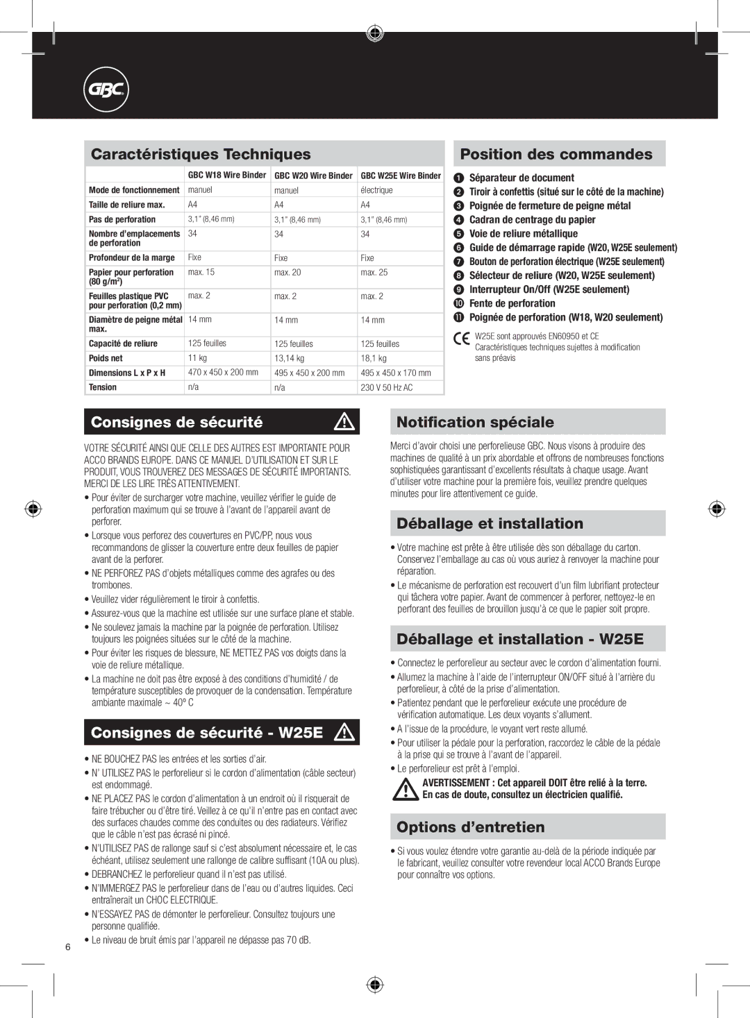 GBC W18 instruction manual Consignes de sécurité W25E m 