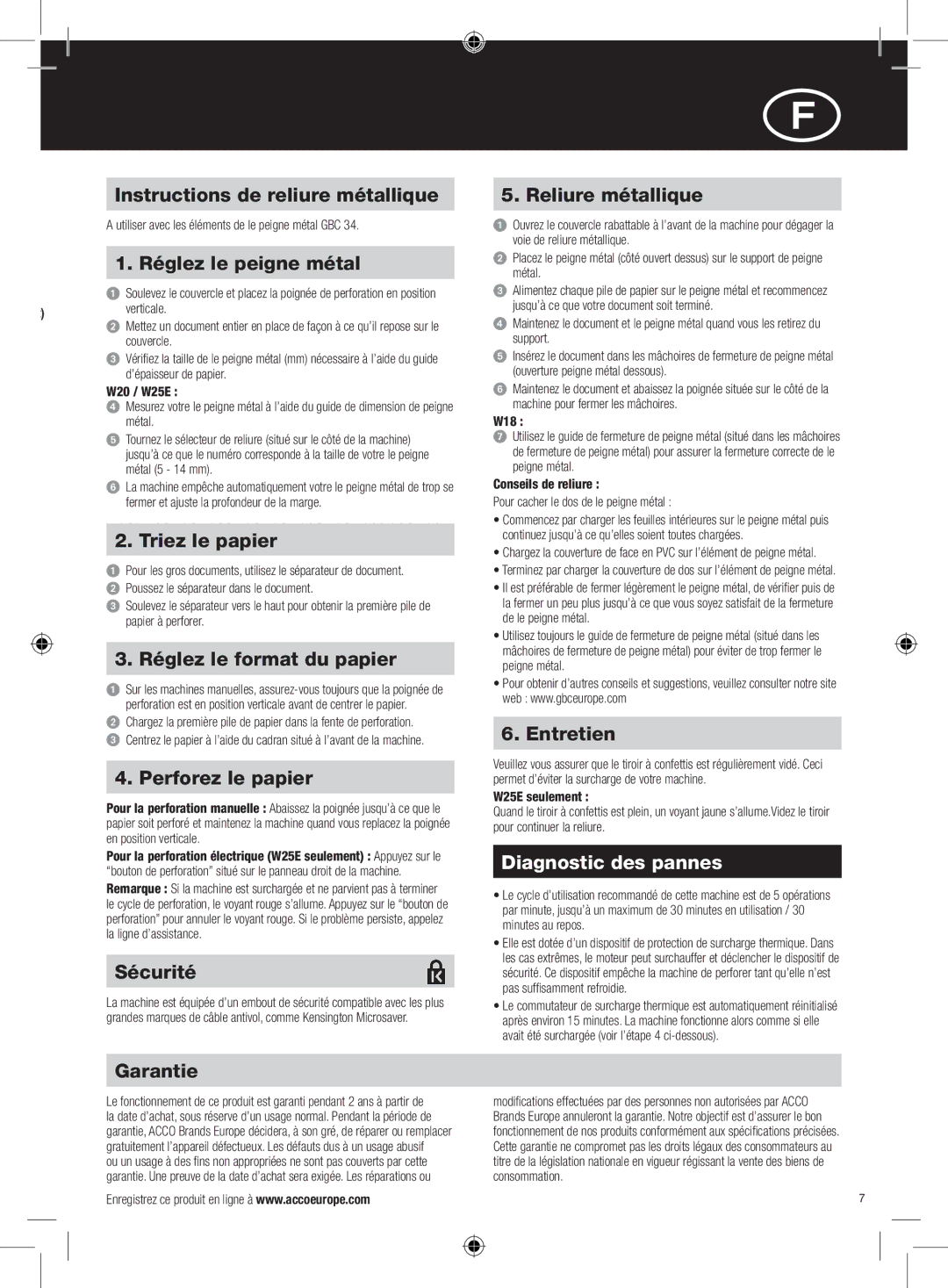 GBC W18 instruction manual Diagnostic des pannes 