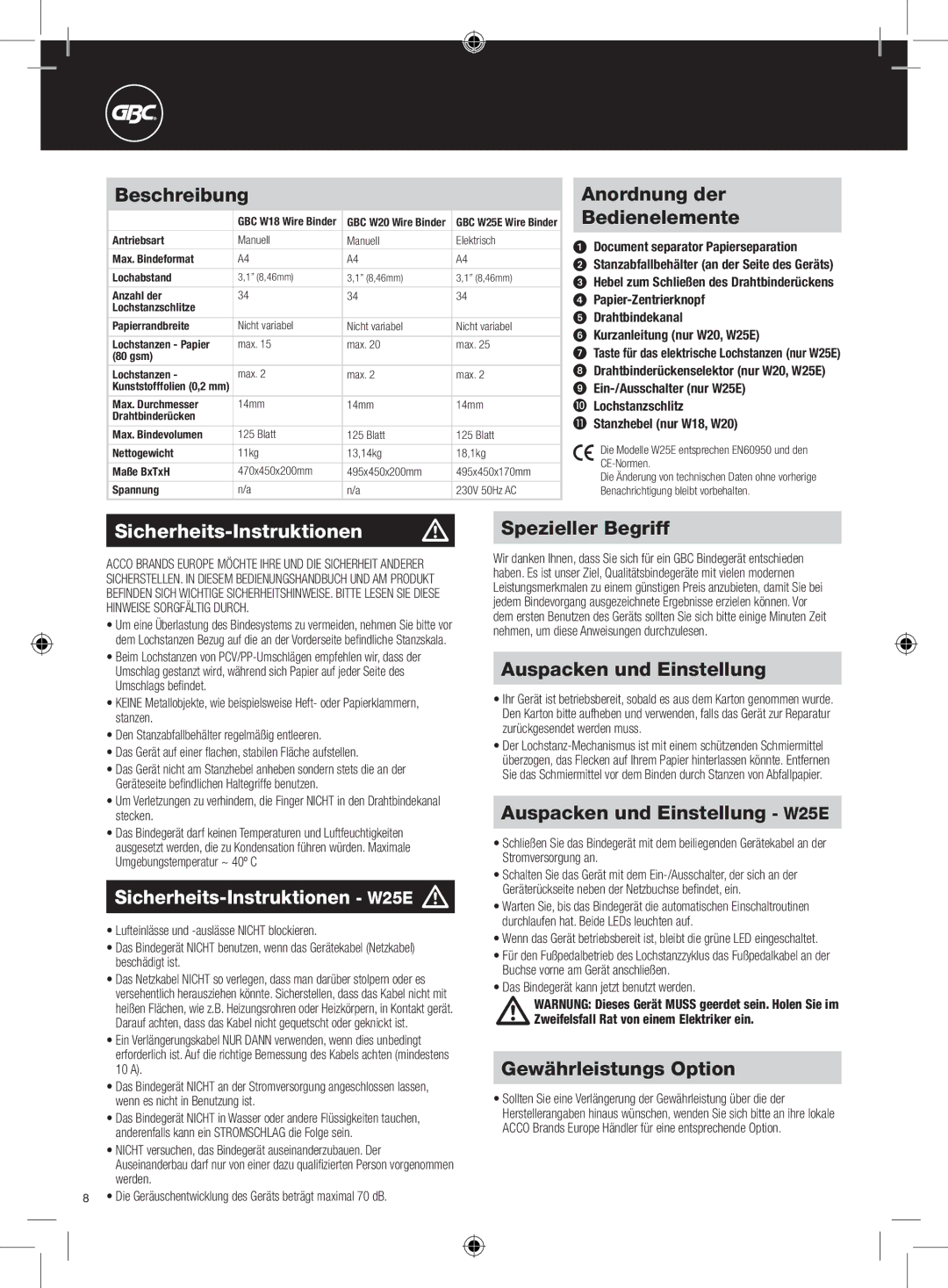 GBC W18 instruction manual Sicherheits-Instruktionen m, Sicherheits-Instruktionen W25E m 