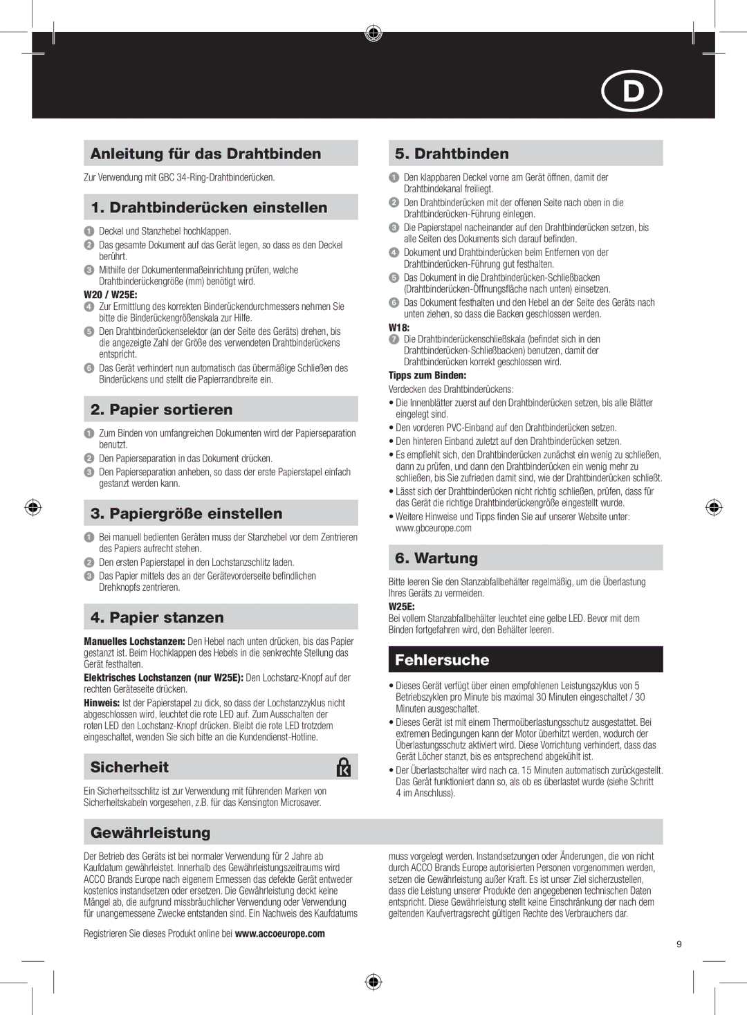 GBC W18 instruction manual Fehlersuche 