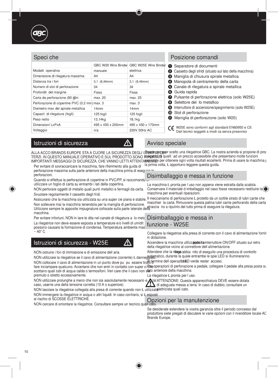 GBC W20 instruction manual Istruzioni di sicurezza W25E m 