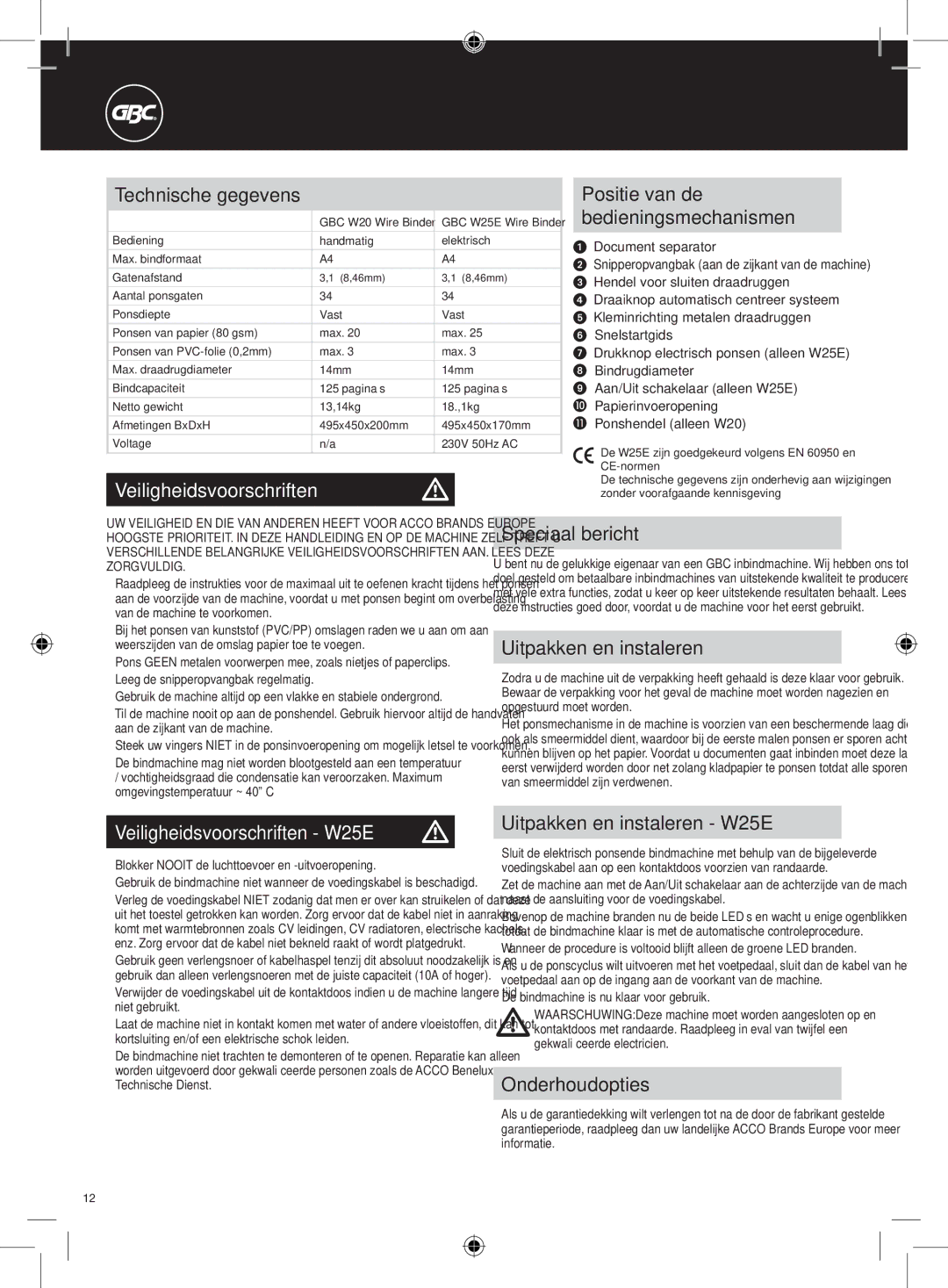 GBC W20 instruction manual Veiligheidsvoorschriften W25E m 