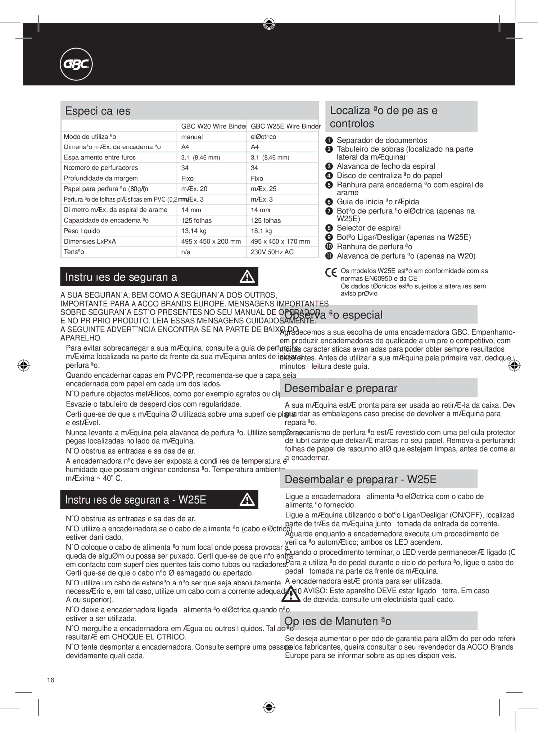 GBC W20 instruction manual Instruções de segurança W25E m 