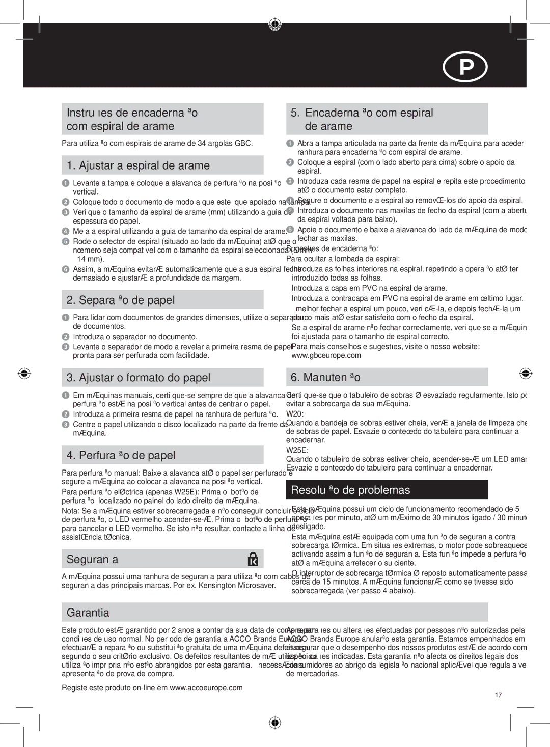 GBC W25E, W20 instruction manual Resolução de problemas 