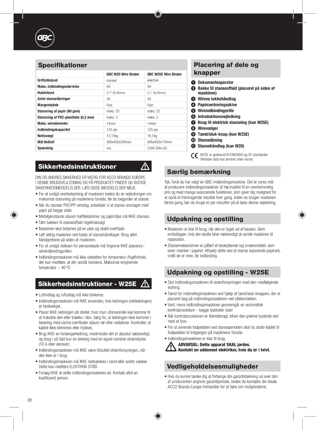 GBC W20 instruction manual Sikkerhedsinstruktioner W25E m 