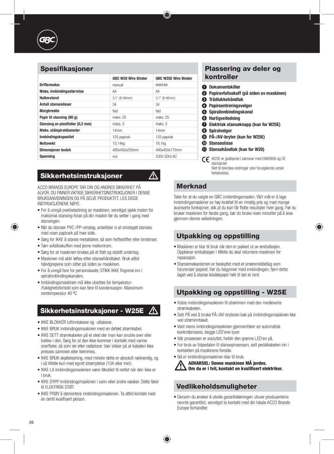 GBC W20 instruction manual Sikkerhetsinstruksjoner m, Sikkerhetsinstruksjoner W25E m 