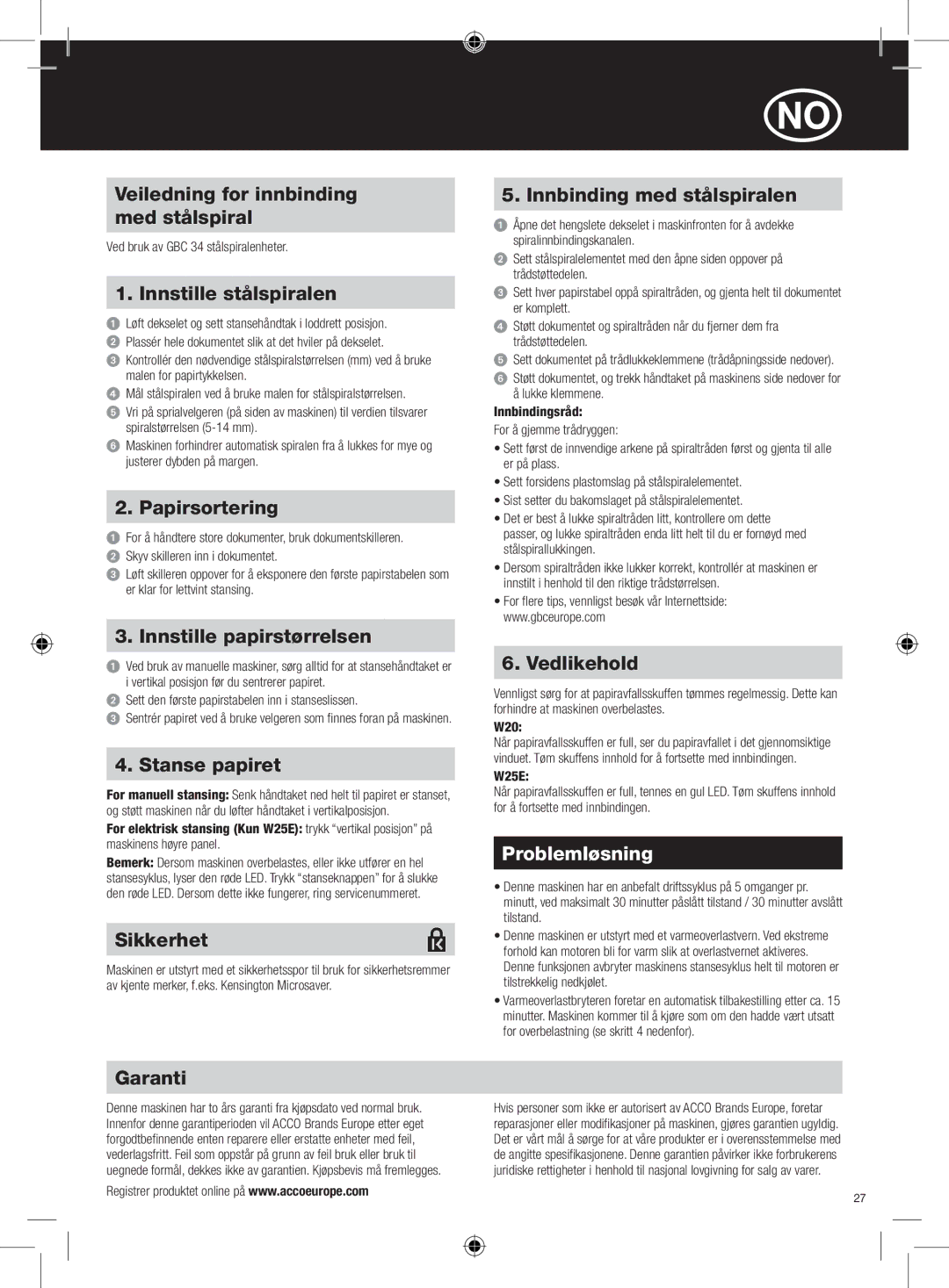 GBC W25E, W20 instruction manual Problemløsning 