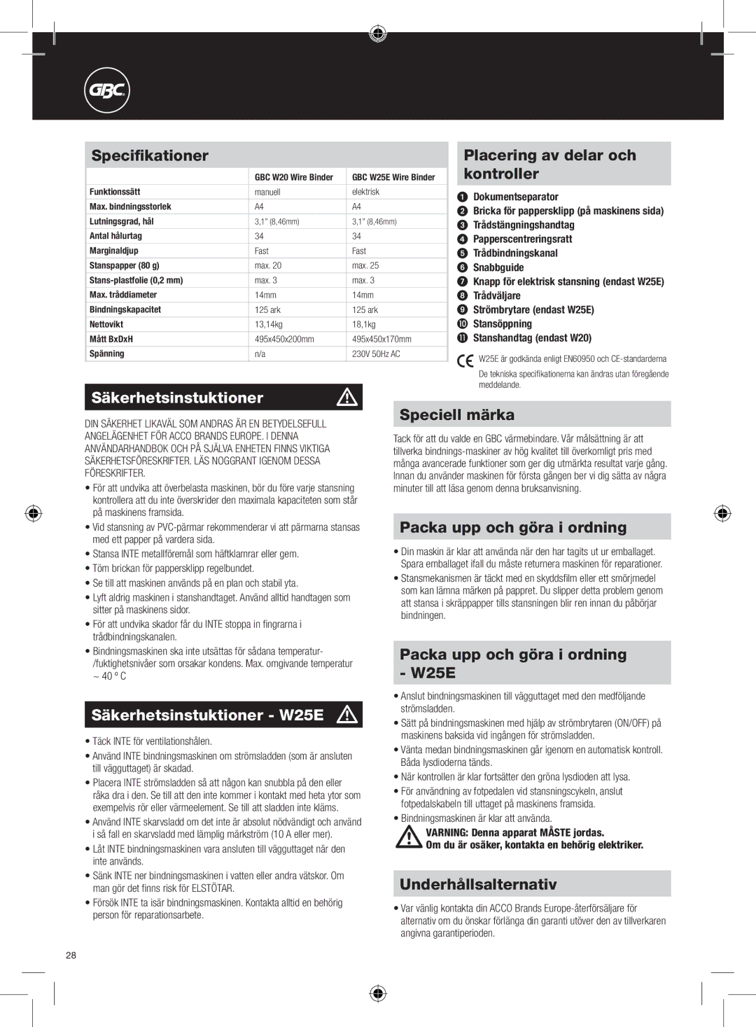 GBC W20 instruction manual Säkerhetsinstuktioner m, Säkerhetsinstuktioner W25E m 