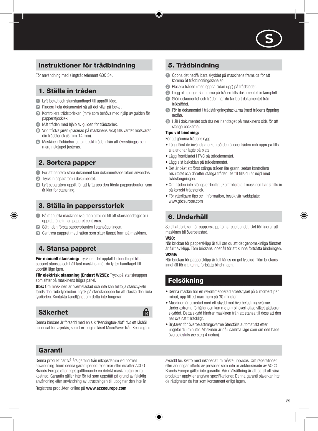 GBC W25E, W20 instruction manual Felsökning 