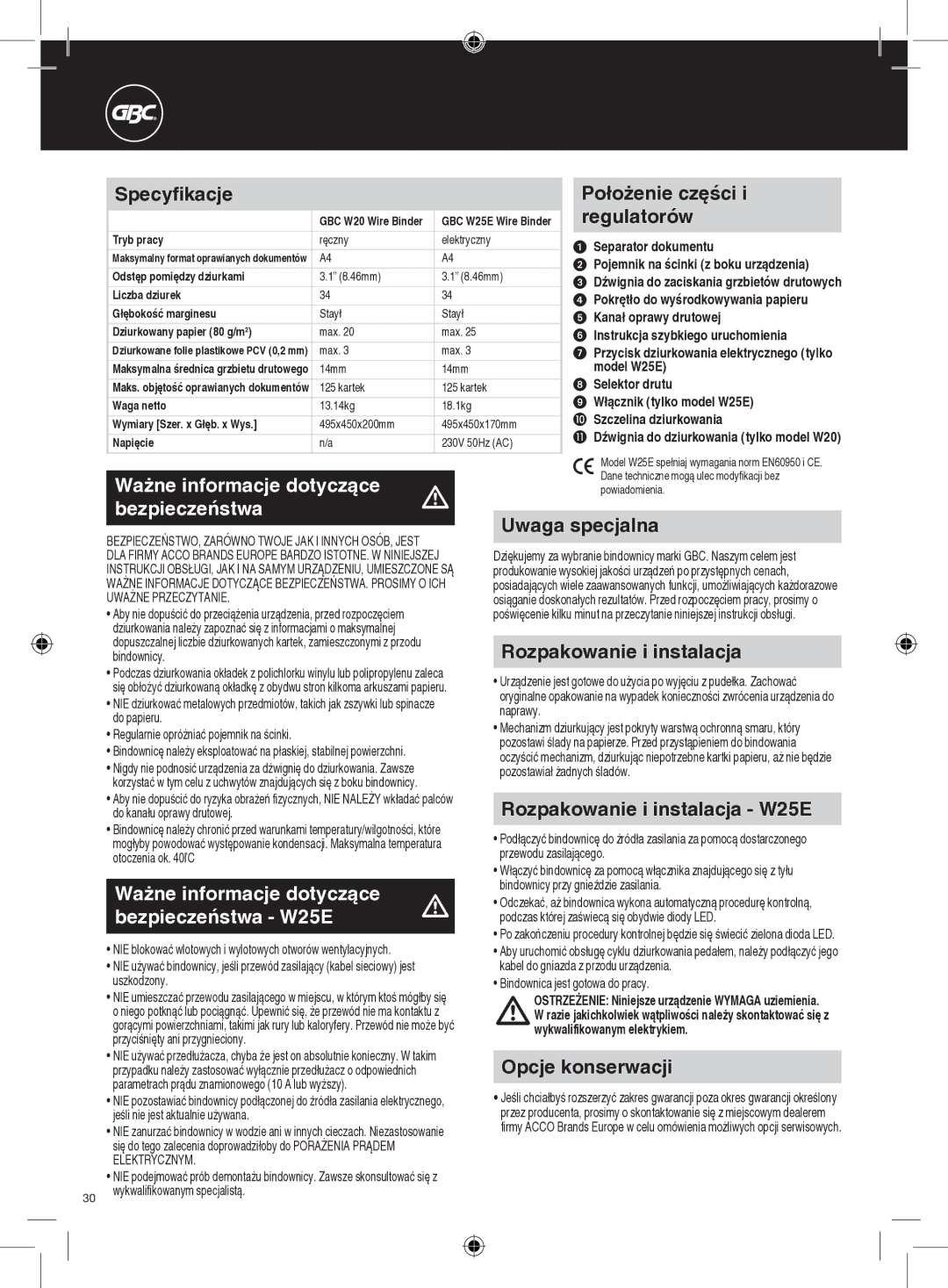 GBC W20 instruction manual Ważne informacje dotyczące, Bezpieczeństwa W25E 