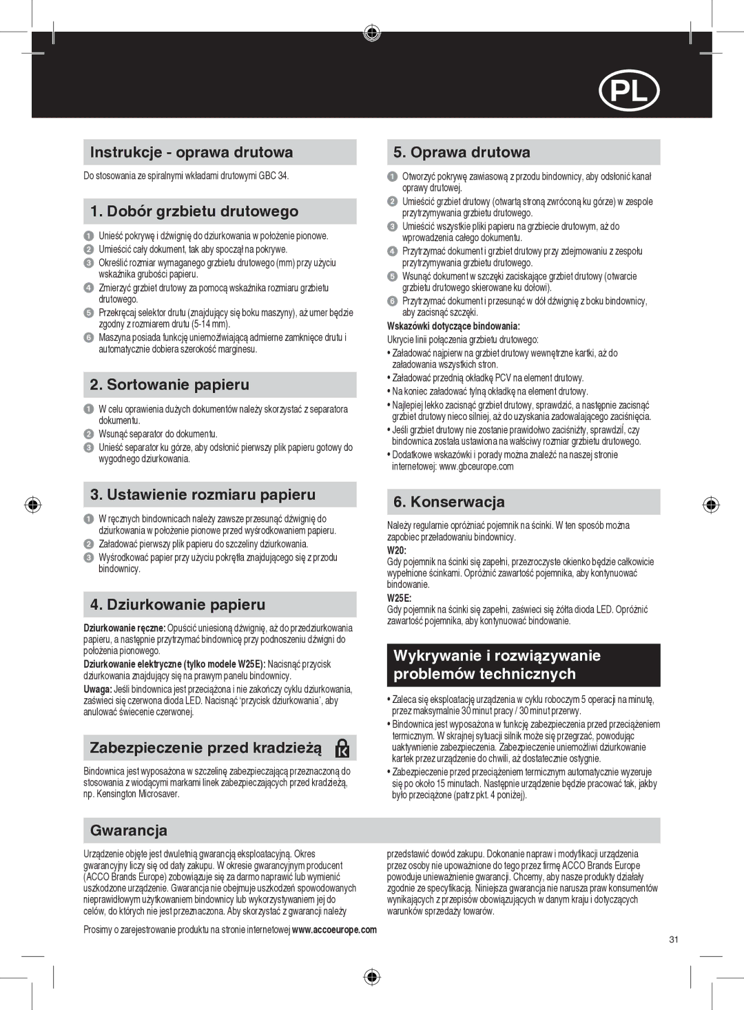 GBC W25E, W20 instruction manual Wykrywanie i rozwiązywanie problemów technicznych 