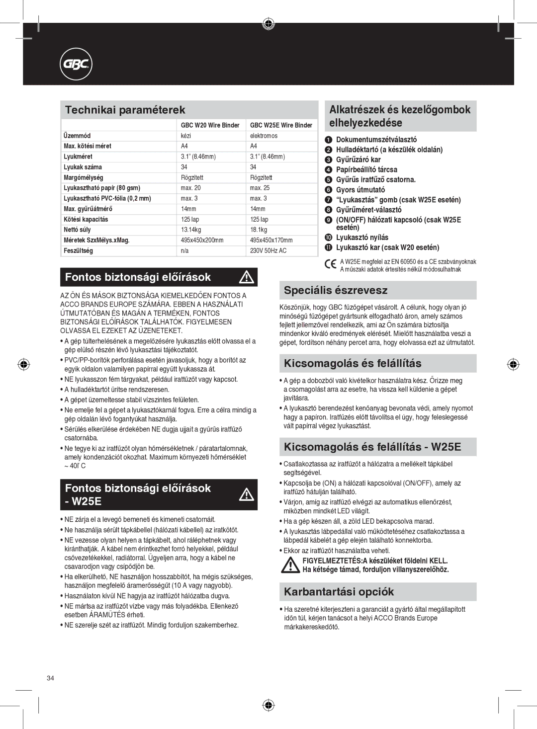 GBC W20, W25E instruction manual Fontos biztonsági előírások 