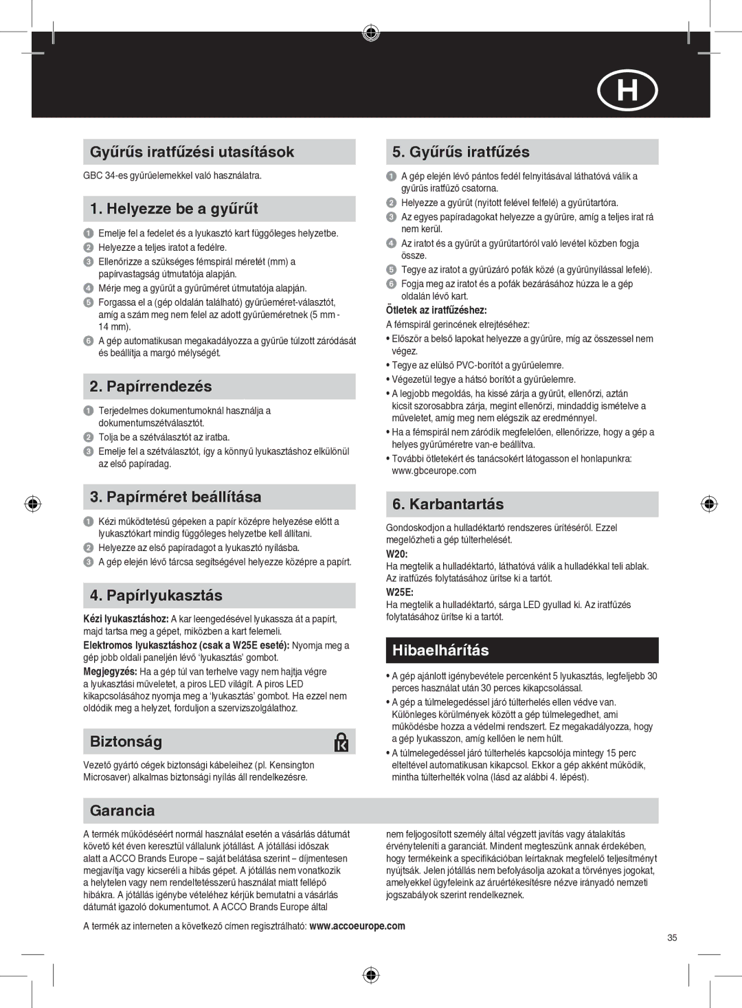 GBC W25E, W20 instruction manual Hibaelhárítás 