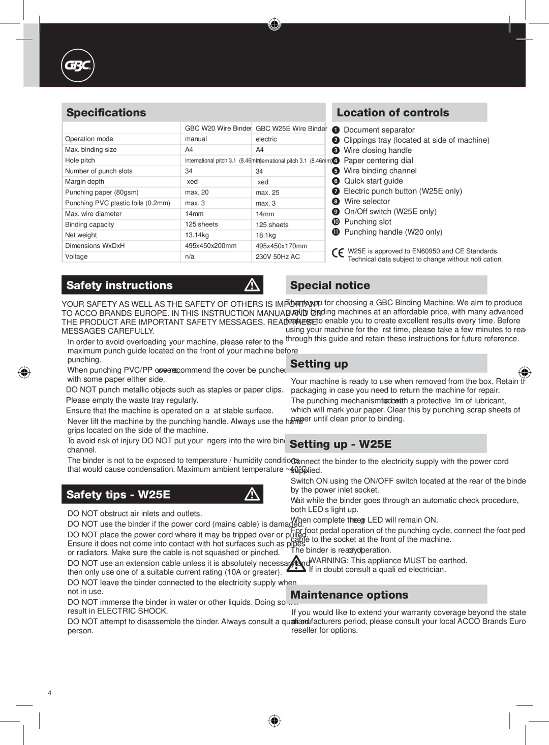 GBC W20 instruction manual Safety instructions, Safety tips W25E 