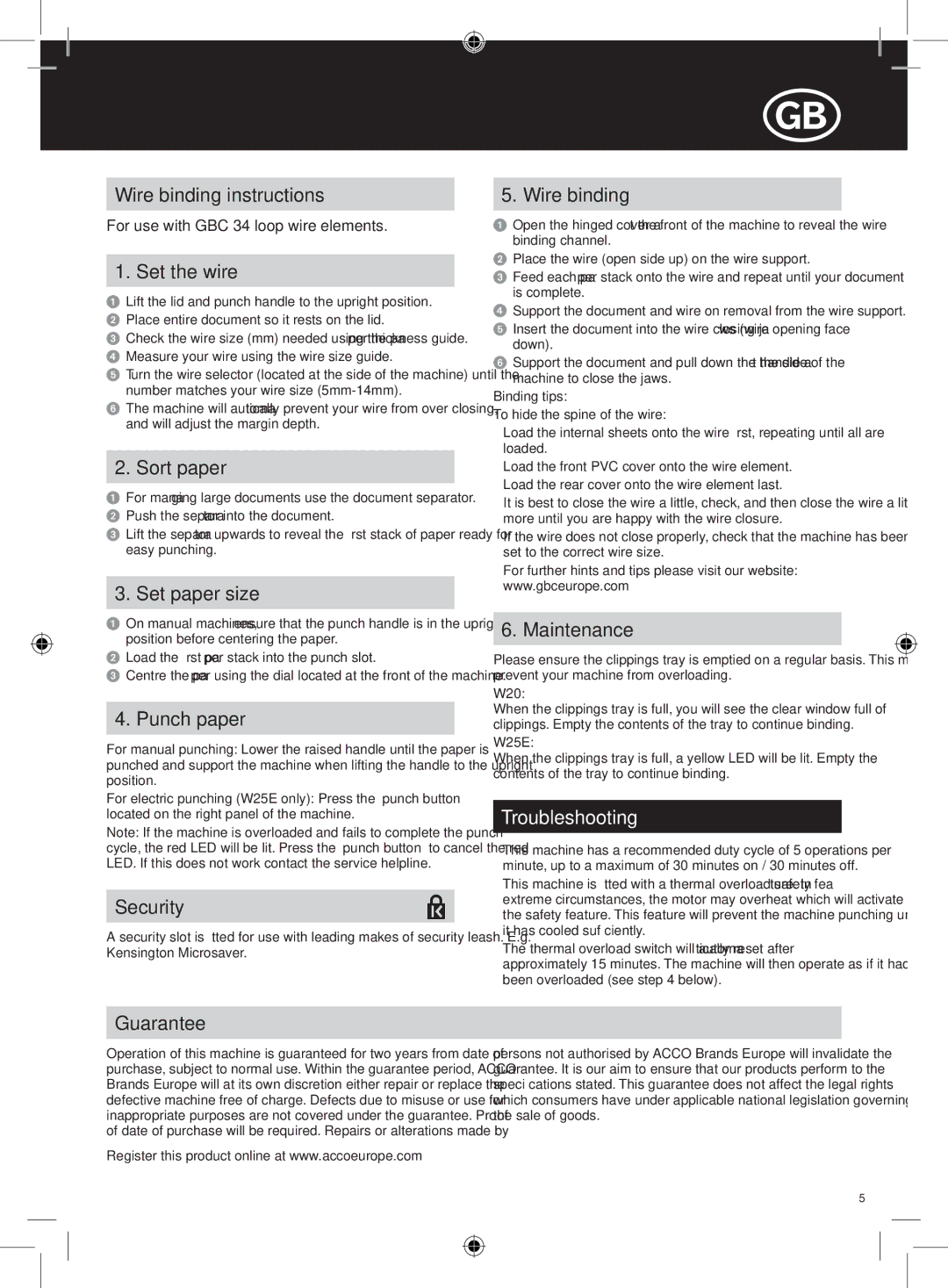 GBC W25E, W20 instruction manual Troubleshooting 