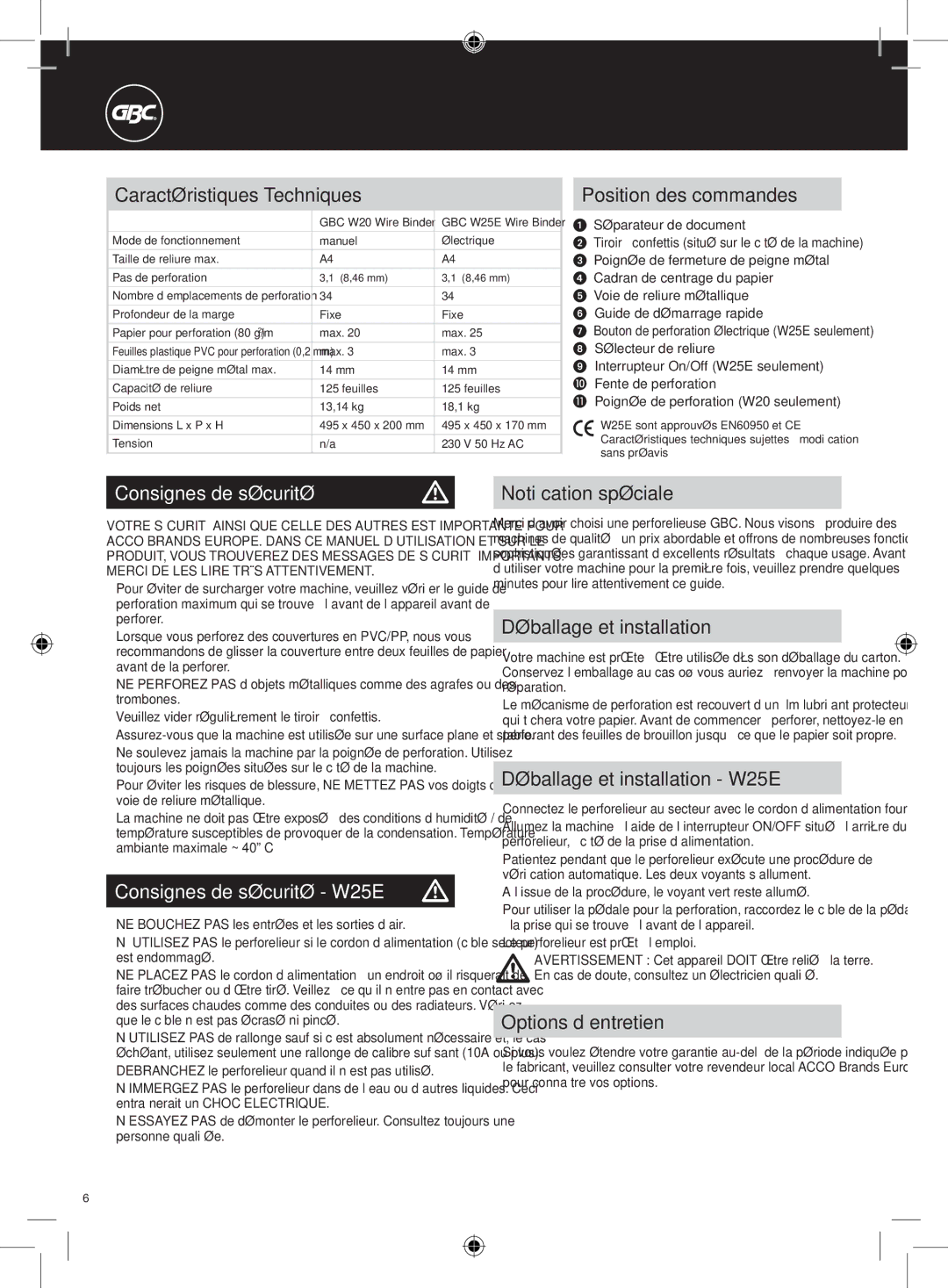 GBC W20 instruction manual Consignes de sécurité W25E m 