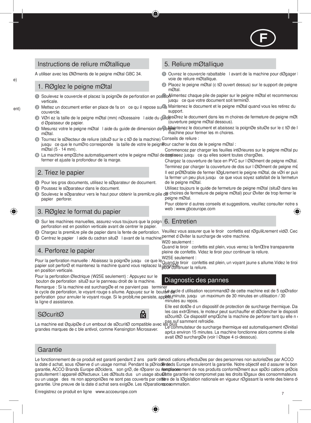 GBC W25E, W20 instruction manual Diagnostic des pannes 