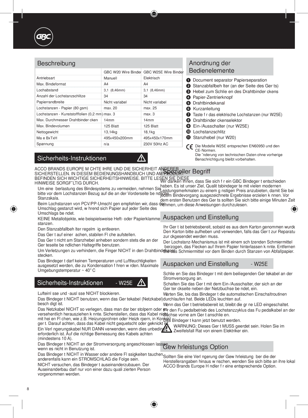 GBC W20 instruction manual Sicherheits-Instruktionen W25E m 