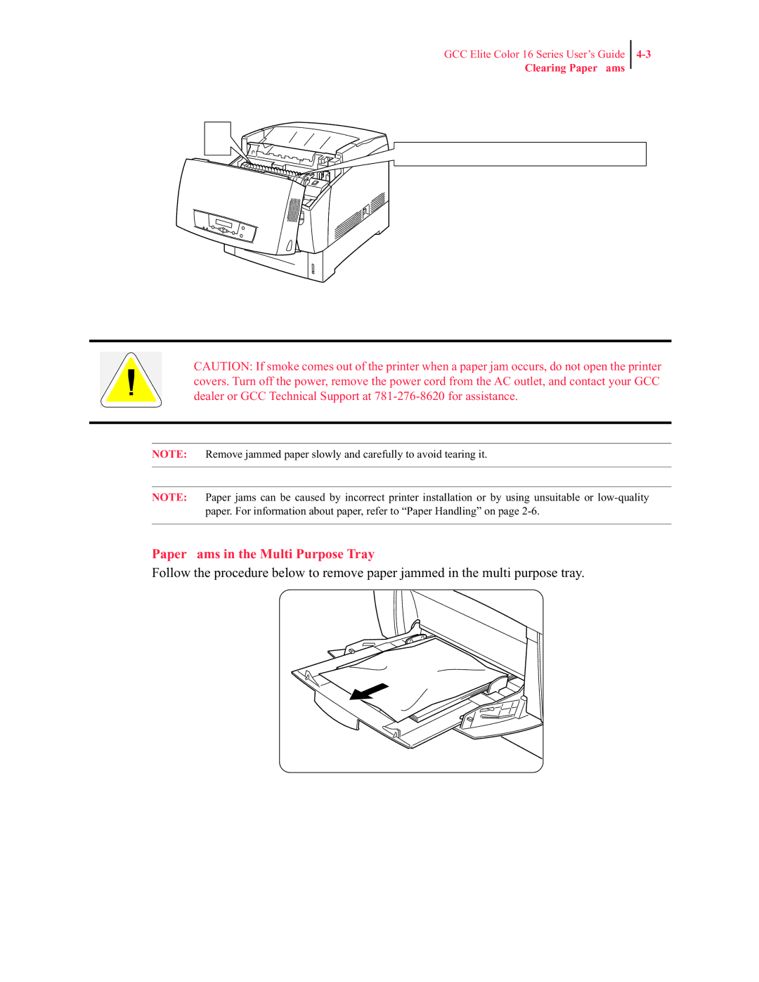 GCC Printers 16 manual Paper Jams in the Multi Purpose Tray 