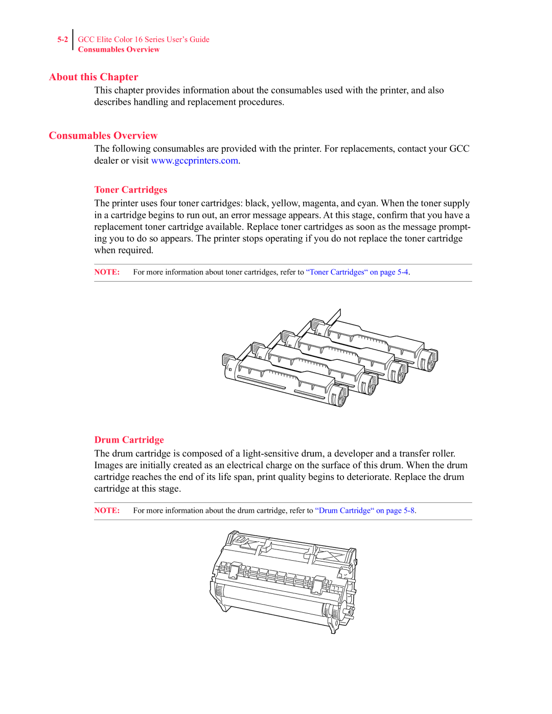 GCC Printers 16 manual Consumables Overview, Toner Cartridges, Drum Cartridge 