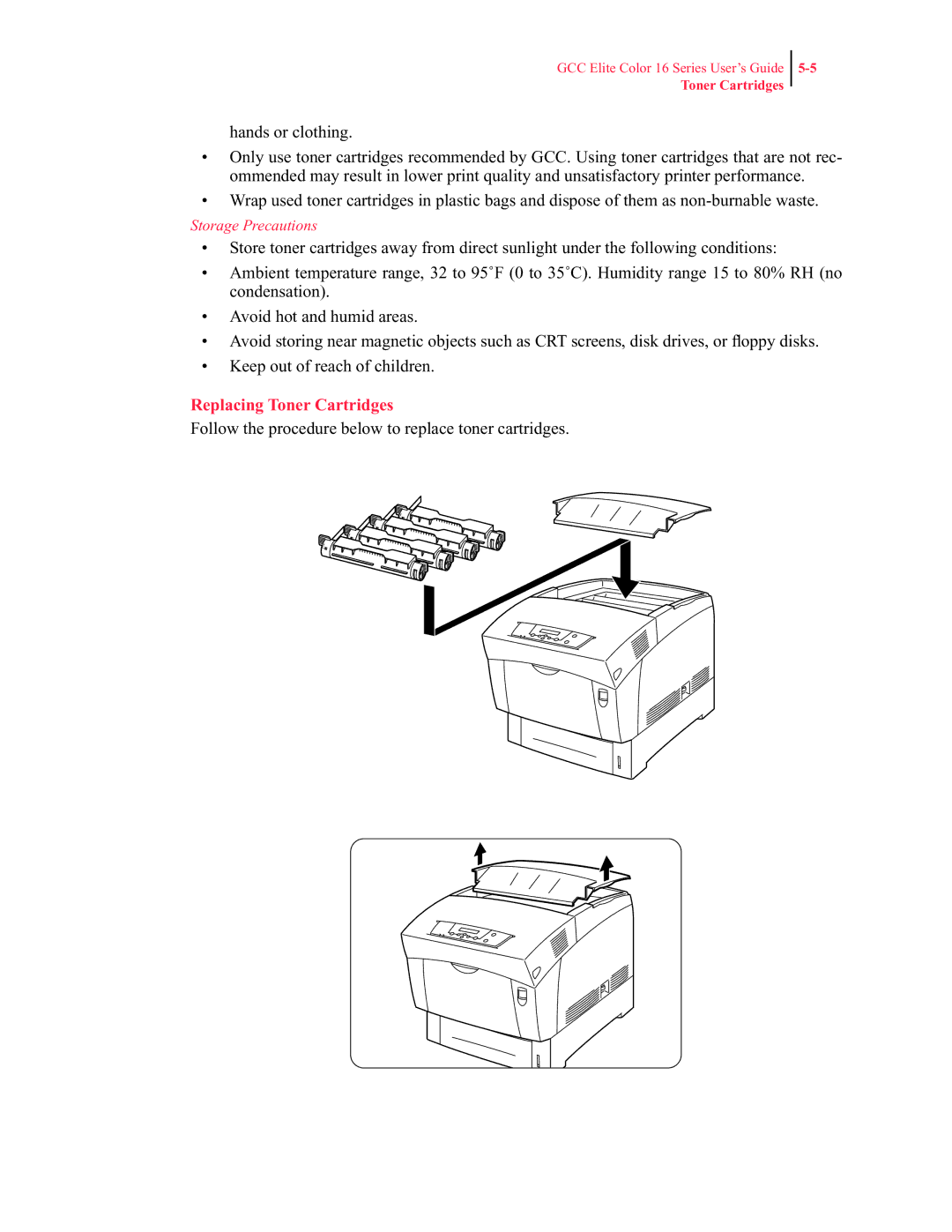 GCC Printers 16 manual Replacing Toner Cartridges 