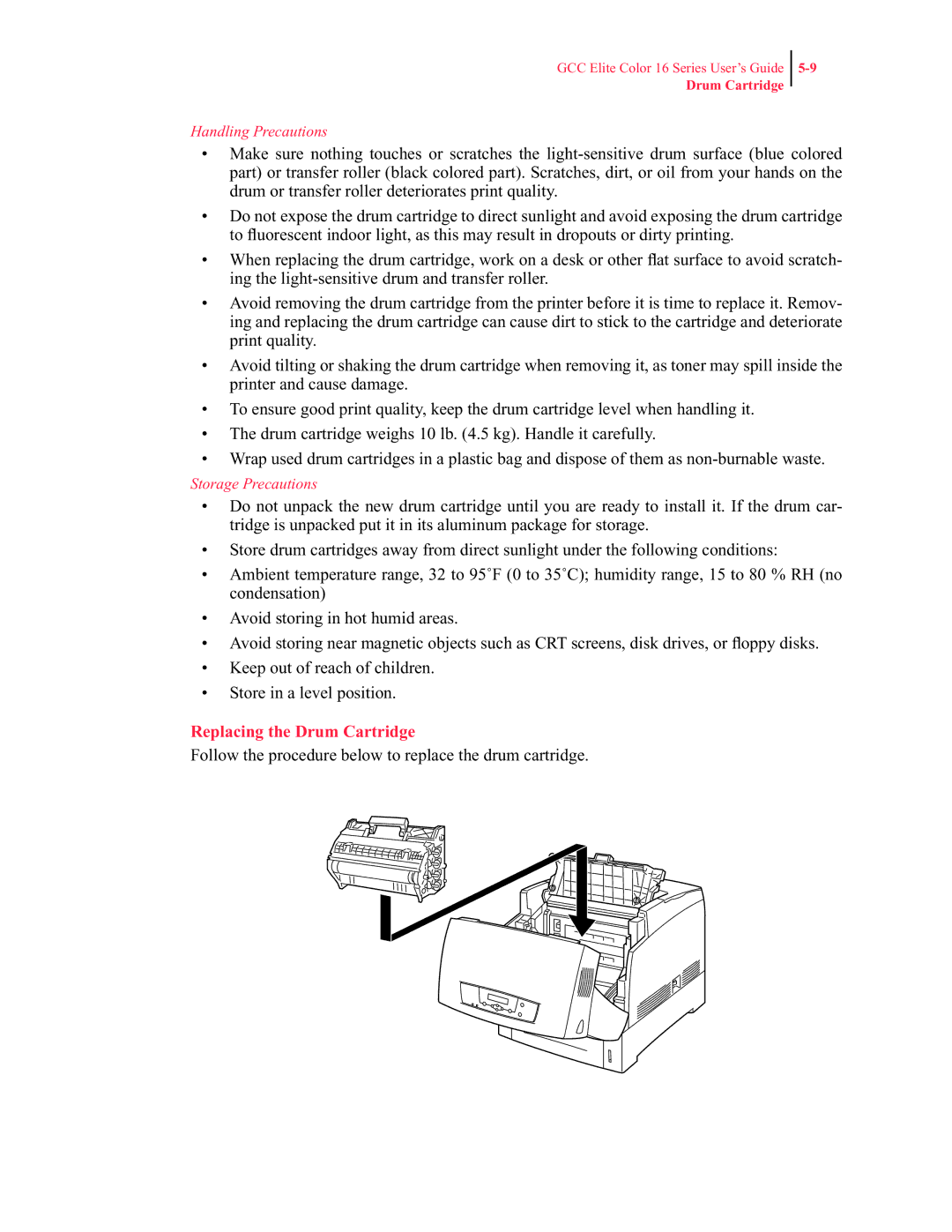 GCC Printers 16 manual Replacing the Drum Cartridge 