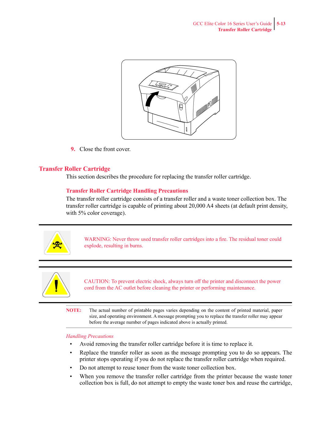 GCC Printers 16 manual Transfer Roller Cartridge Handling Precautions 