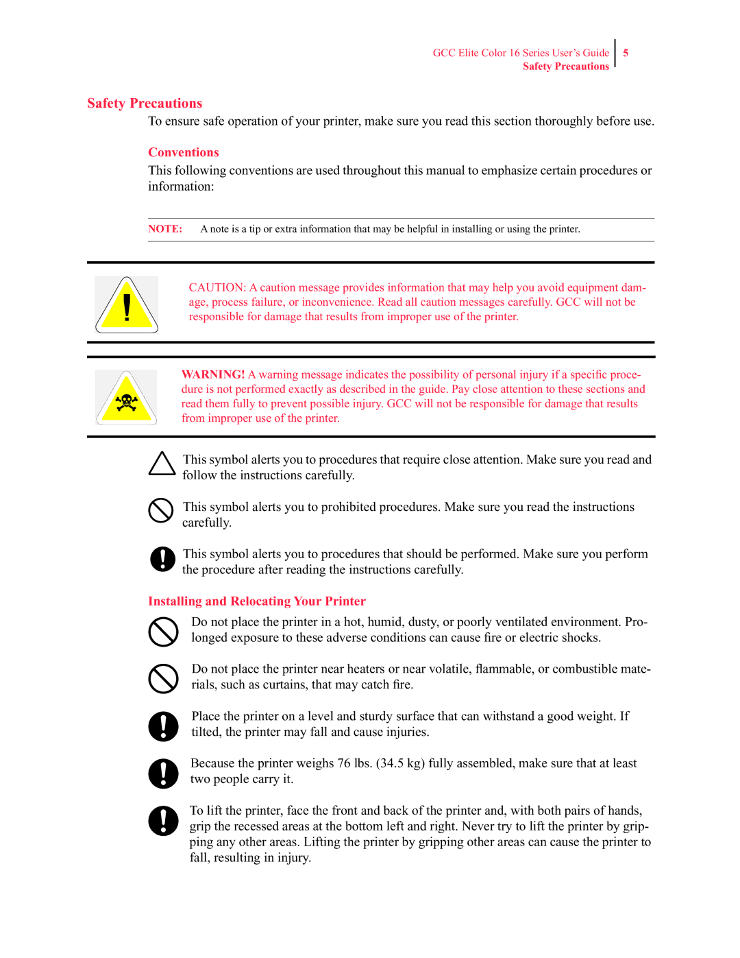 GCC Printers 16 manual Safety Precautions, Conventions, Installing and Relocating Your Printer 