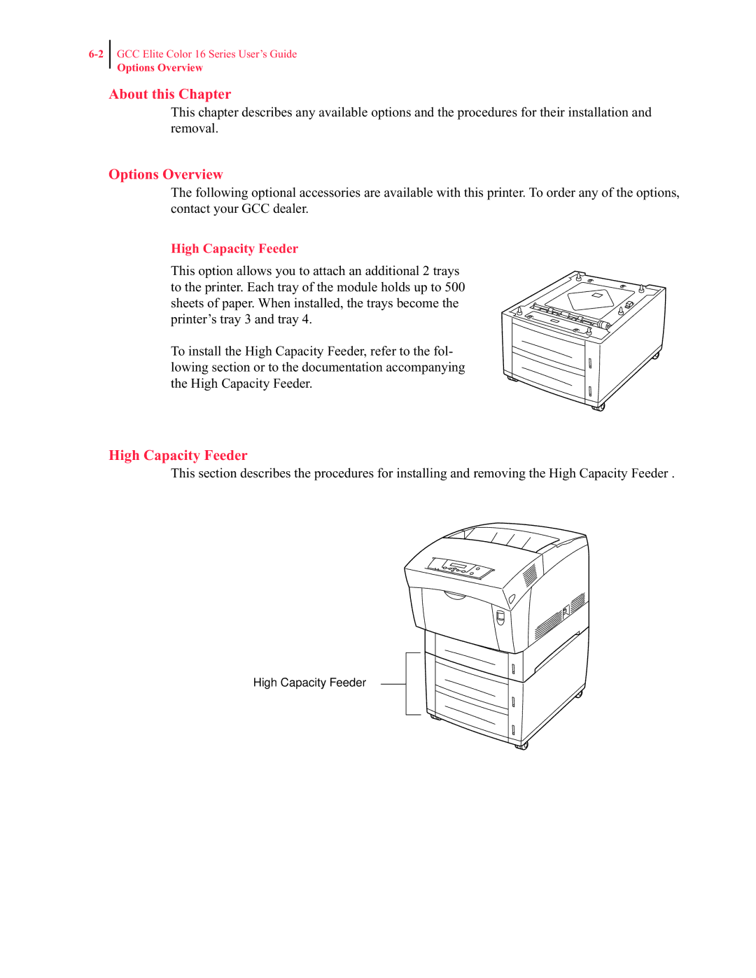 GCC Printers 16 manual Options Overview, High Capacity Feeder 