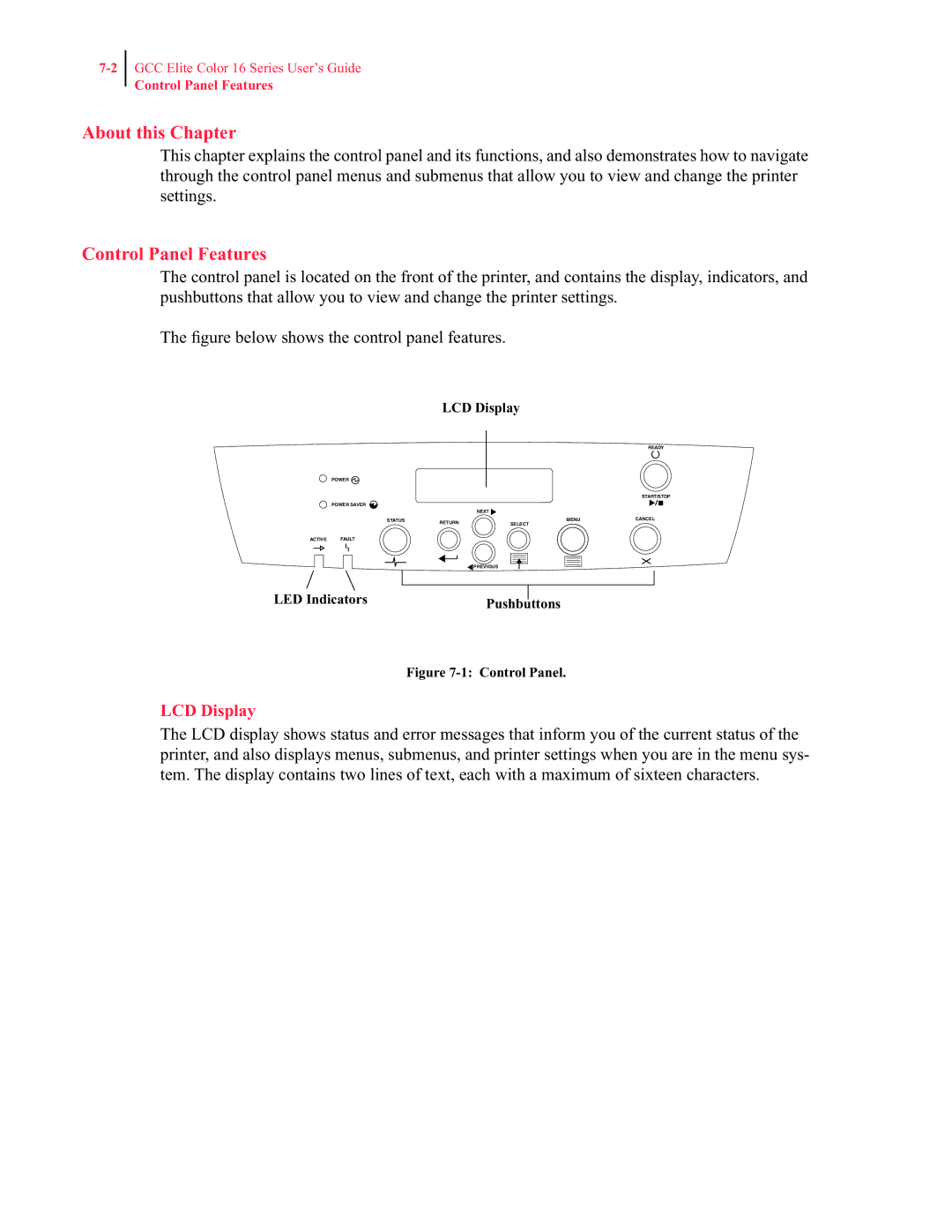 GCC Printers 16 manual Control Panel Features, LCD Display, LED Indicators 