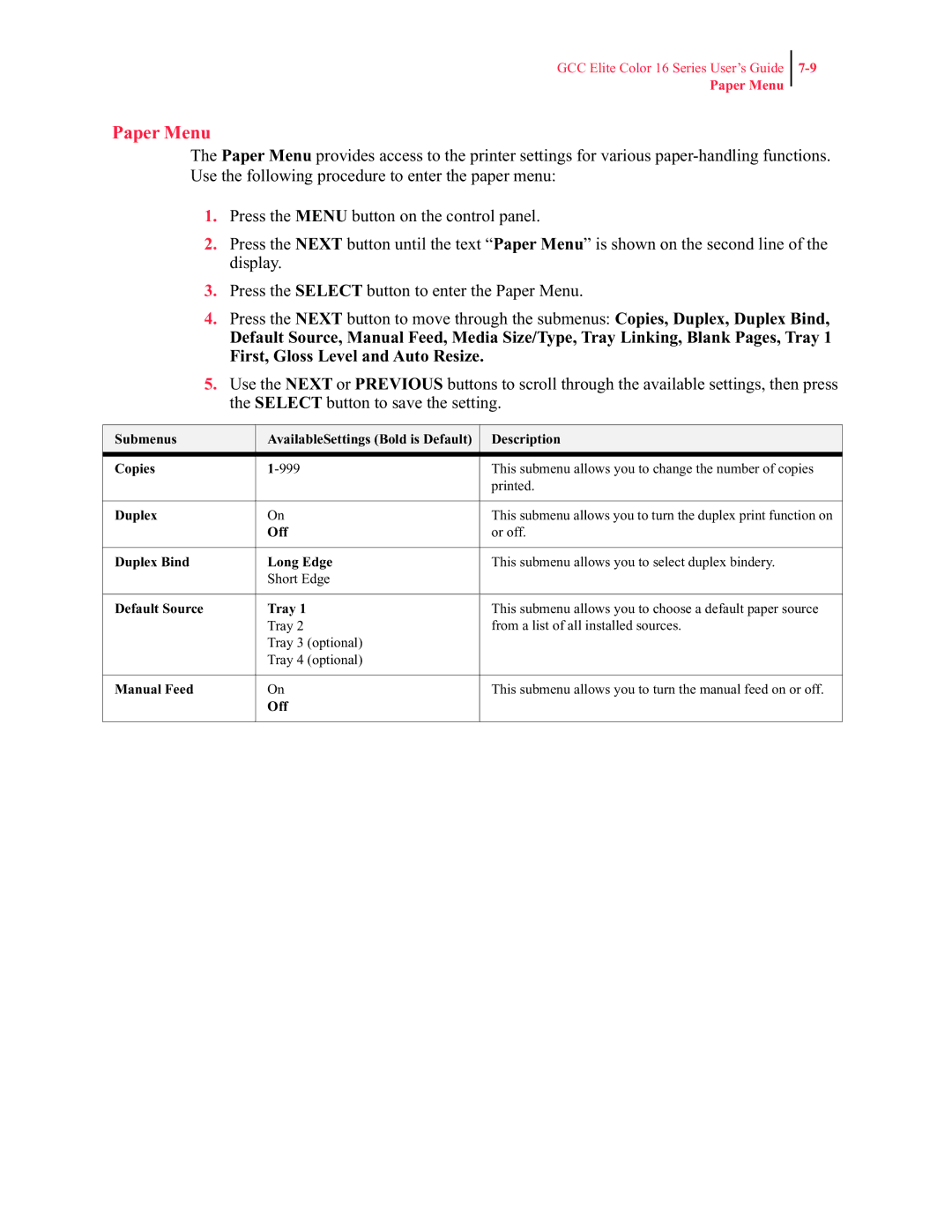 GCC Printers 16 manual Paper Menu 