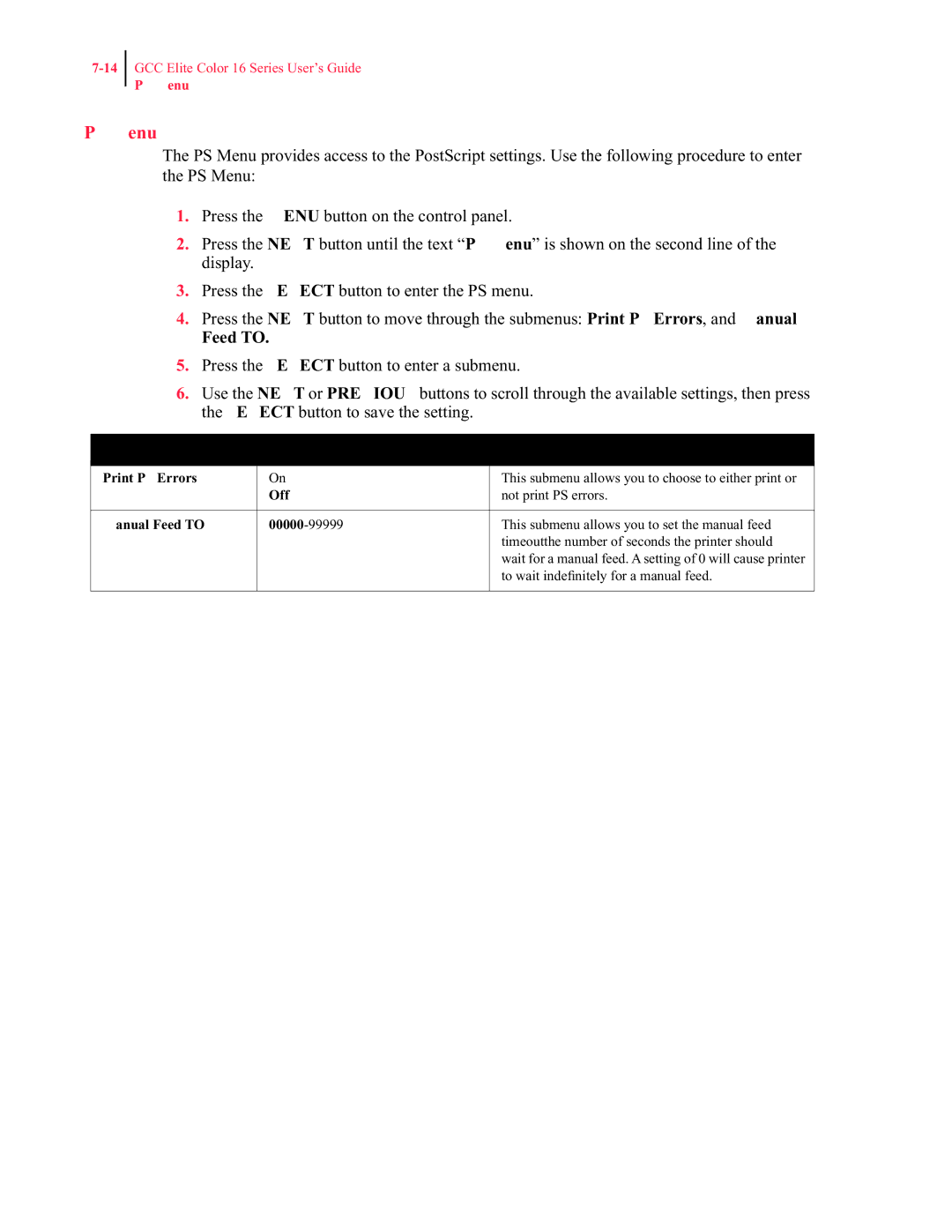 GCC Printers 16 manual PS Menu, Manual Feed to 