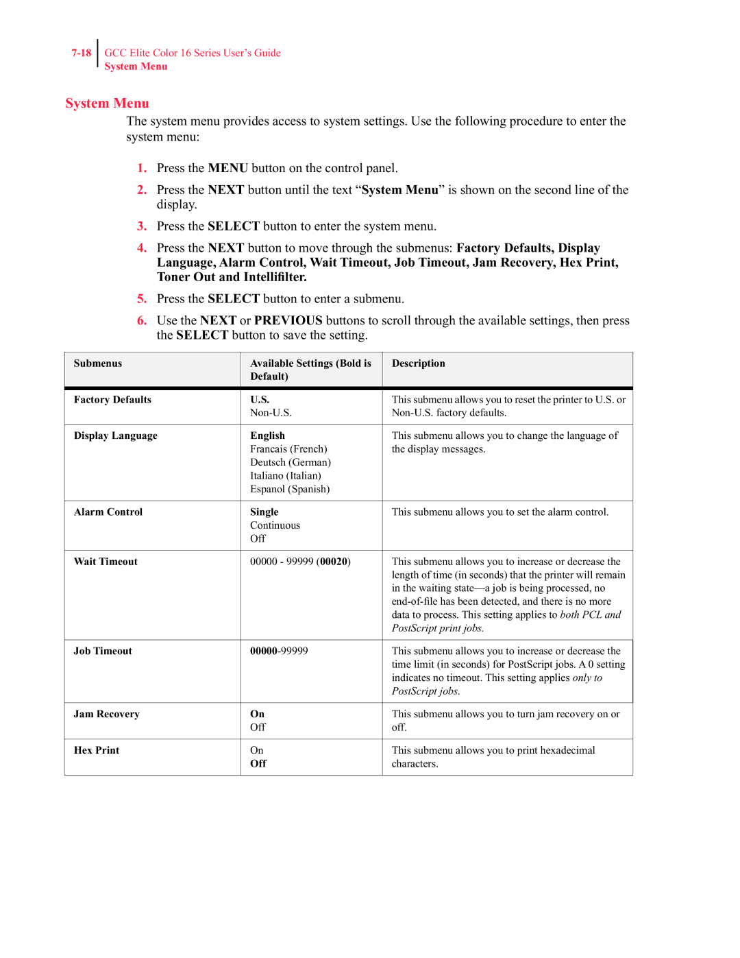 GCC Printers 16 manual System Menu 