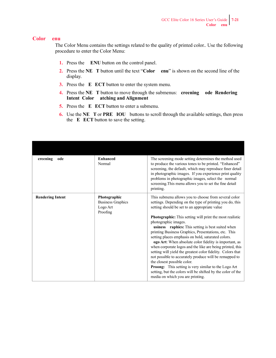 GCC Printers 16 manual Color Menu, Rendering Intent Photographic 