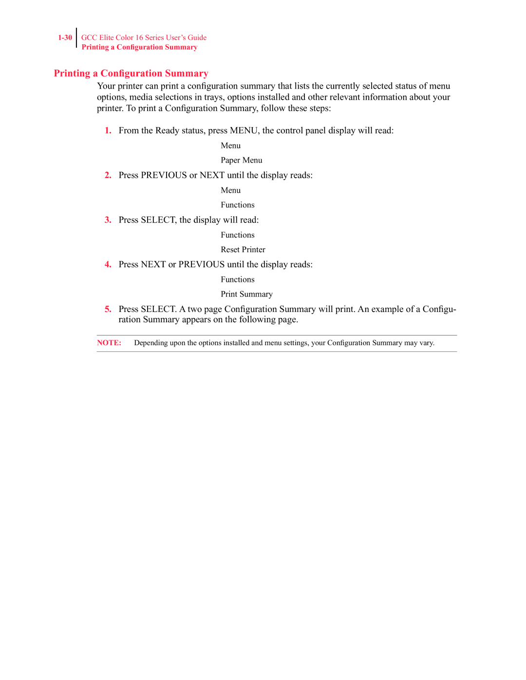 GCC Printers 16 manual Printing a Conﬁguration Summary 