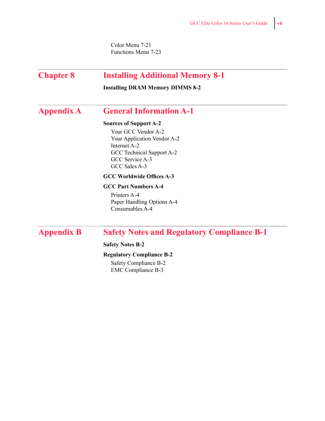 GCC Printers 16 manual Appendix a General Information A-1, Installing Dram Memory Dimms 