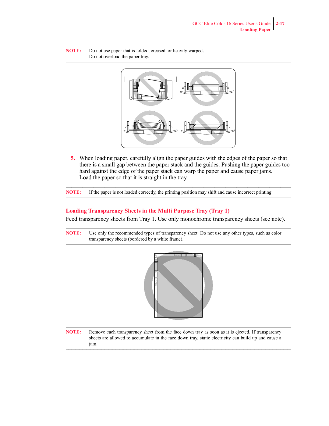 GCC Printers 16 manual Loading Transparency Sheets in the Multi Purpose Tray Tray 