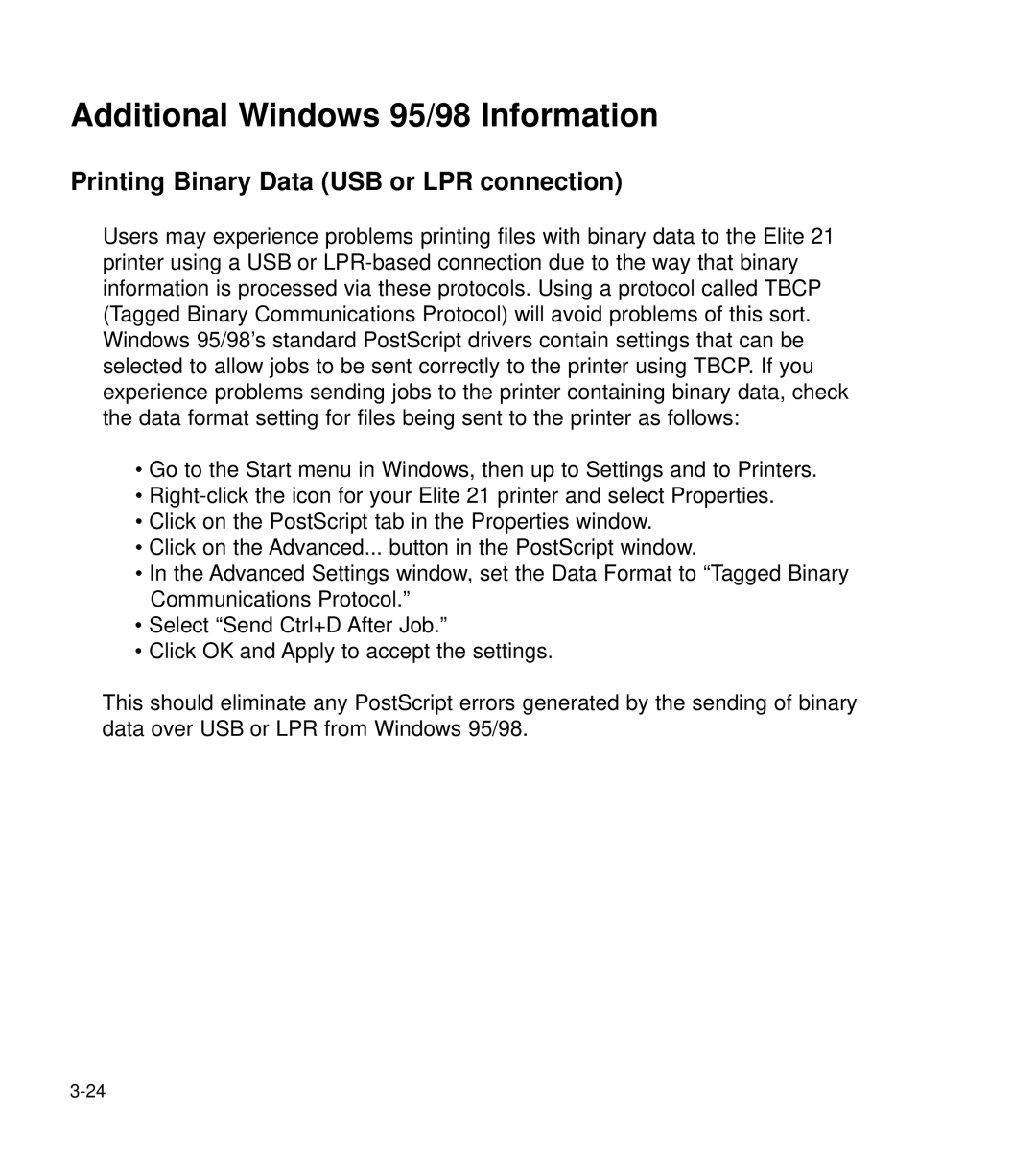 GCC Printers 21 Series manual Additional Windows 95/98 Information, Printing Binary Data USB or LPR connection 