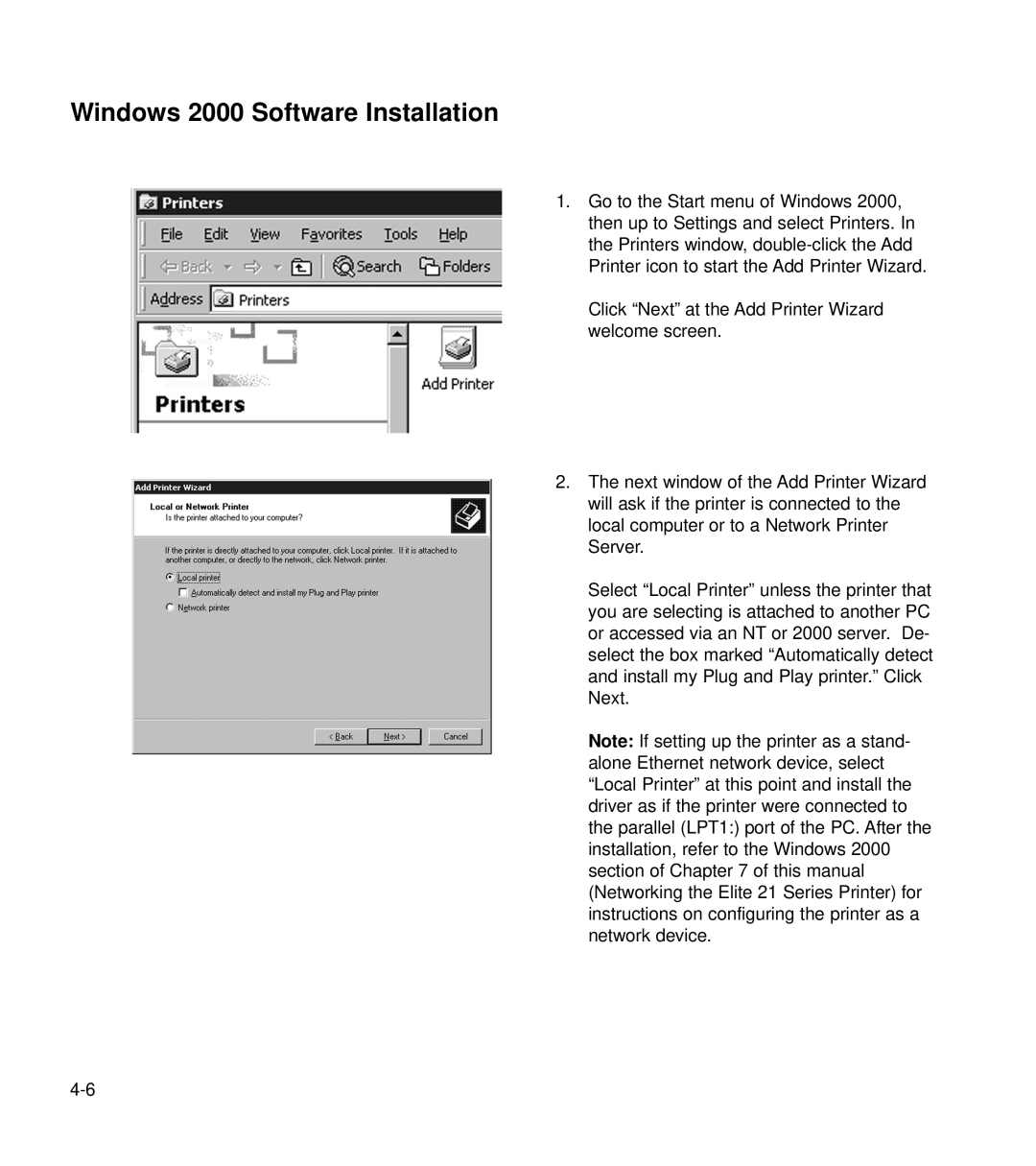 GCC Printers 21 Series manual Windows 2000 Software Installation 