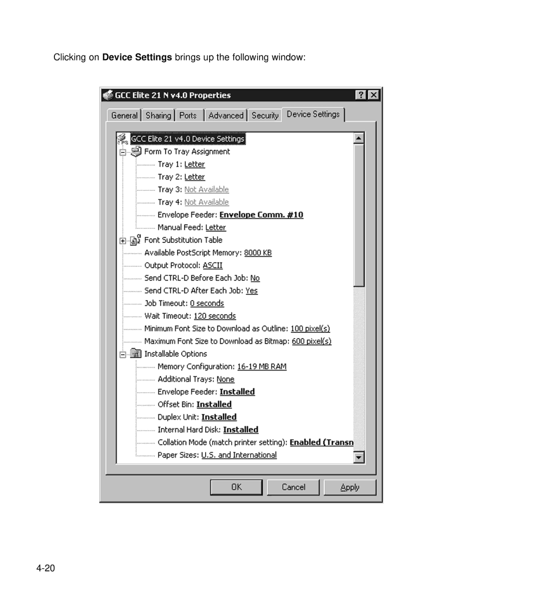 GCC Printers 21 Series manual Clicking on Device Settings brings up the following window 