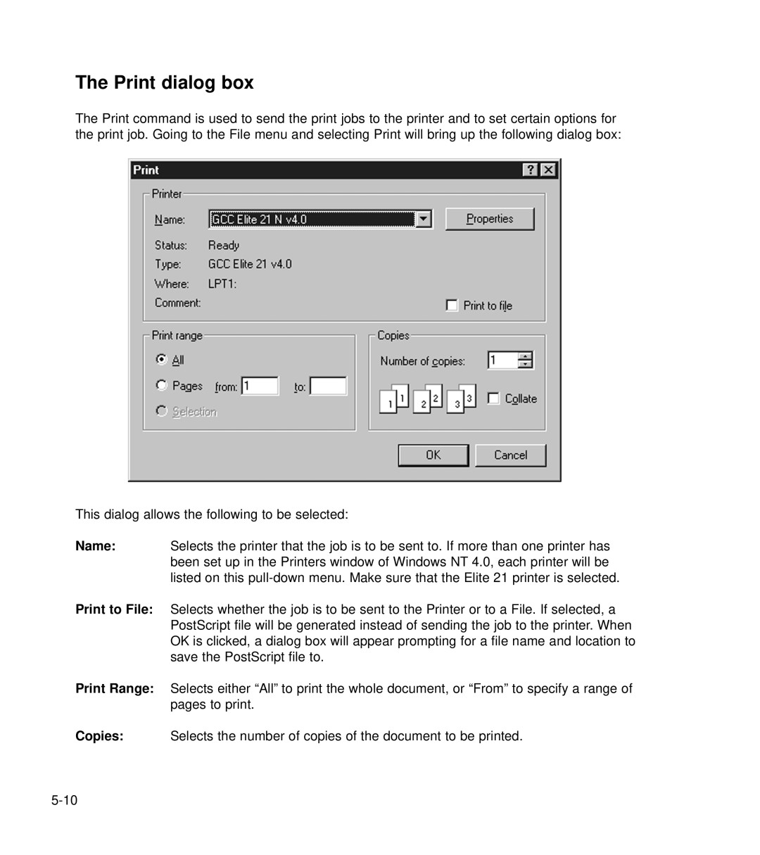 GCC Printers 21 Series manual Print dialog box 